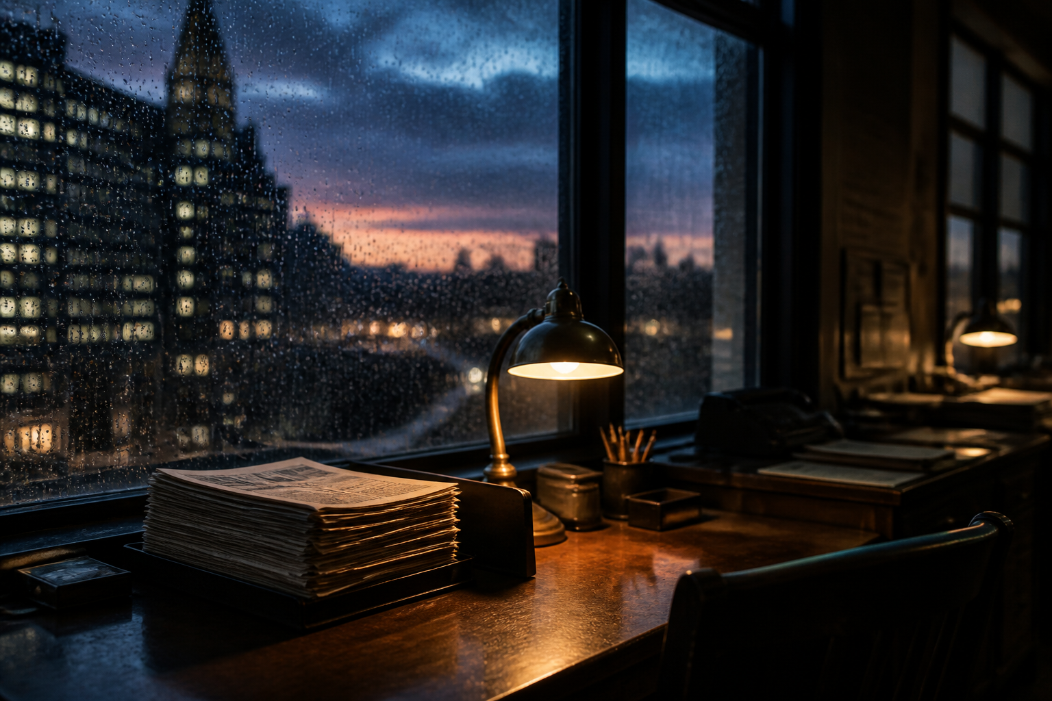 Masthead: a quiet desk at dusk